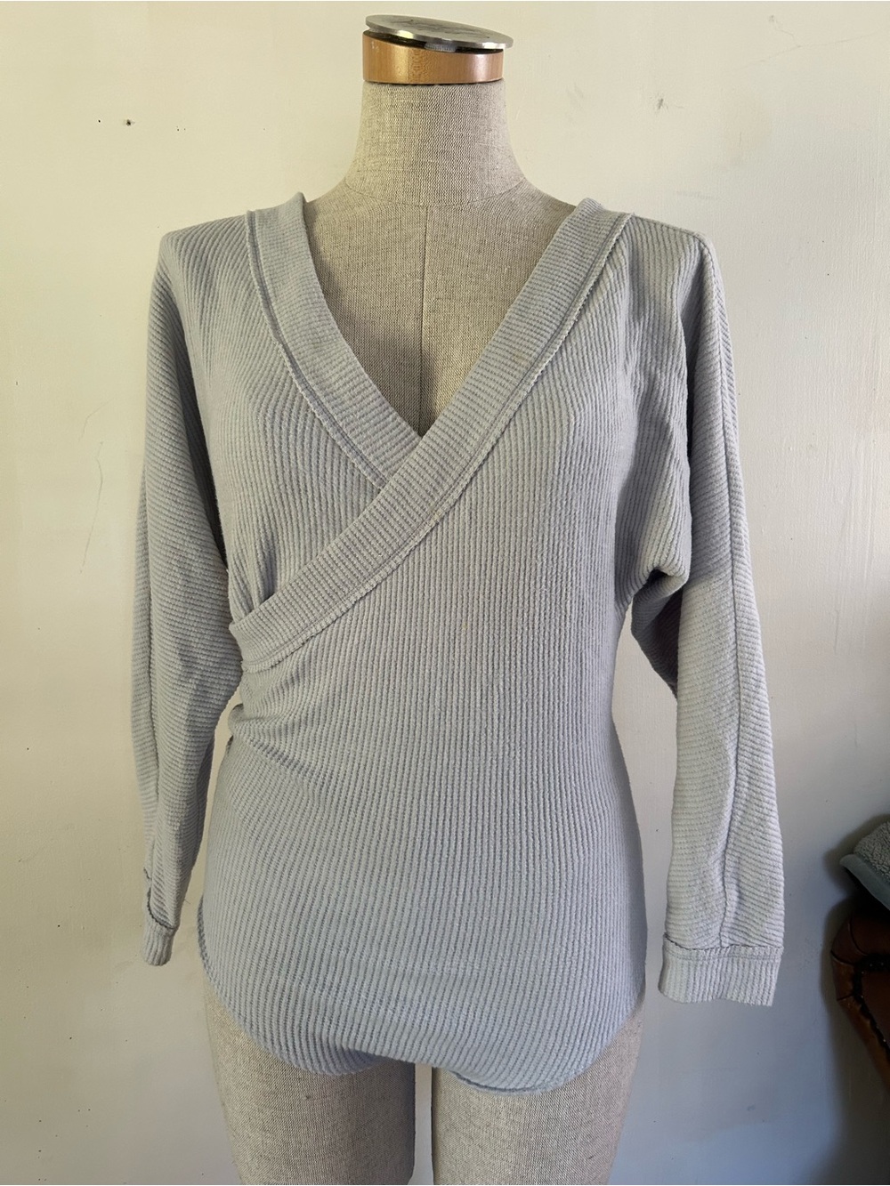Free People Light Gray Wrap V-Neck Sweater